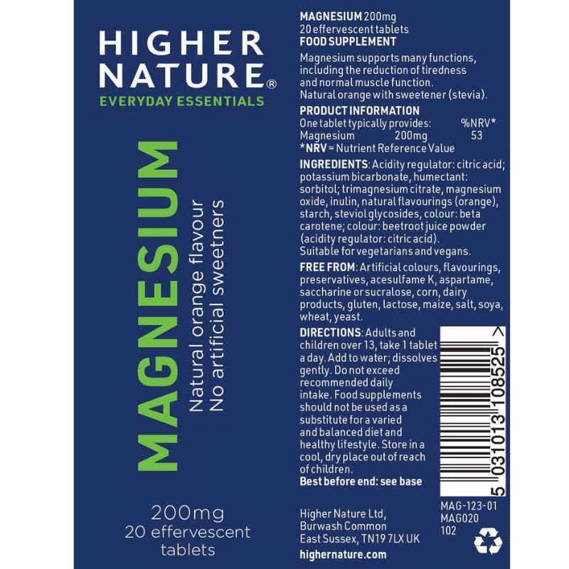HIGHER NATURE MAGNESIUM 200MG, 20 EFFERVESCENT TABLETS