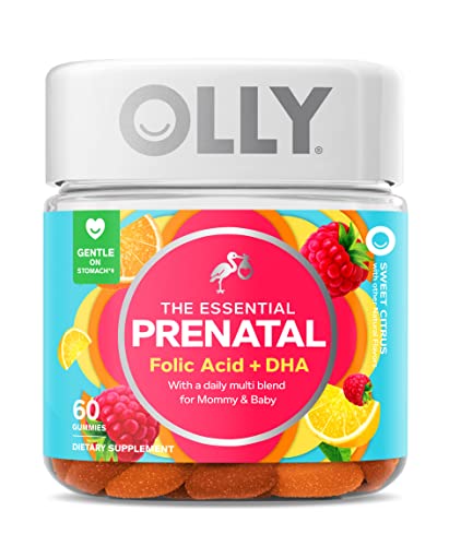 Olly The Essential Prenatal Gummy Multivitamin, 30 Day Supply ( Gummies), Sweet, Folic Acid, Vitamin D, Omega 3 DHA, Chewable Supplement, White Citrus, 60 Count (Pack of 1)