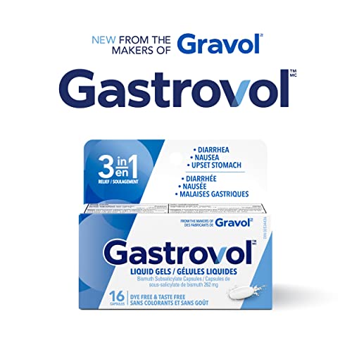 Gastrovol 3-in-1 Relief Liquid Gels, For Diarrhea, Nausea, and Upset Stomach, Dye Free & Taste Free, 16 Capsules