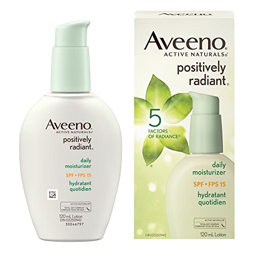 Aveeno Face Moisturizer SPF 15, Positively Radiant Daily Facial Cream for Dark Spots, Lotion with Total Soy Complex, Oil Free, Hypoallergenic and Non-Comedogenic, 120mL