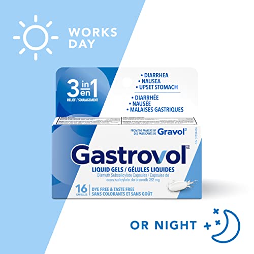 Gastrovol 3-in-1 Relief Liquid Gels, For Diarrhea, Nausea, and Upset Stomach, Dye Free & Taste Free, 16 Capsules