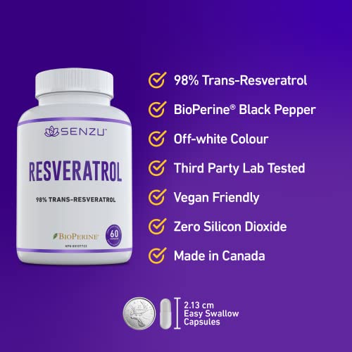 Ultra High Purity Resveratrol Capsules - 98% Trans-Resveratrol - Highly Purified and Highly Bioavailable - 60 Caps Resveratrol Supplement