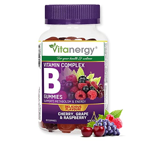 Vitanergy Vitamin B Complex Energy Level and Mood Booster, Folic Acid for Prenatal Support, Tasty Fruity Gummies with Vitamin B6, Vitamin B12, Biotin, Pantothenic Acid, Niacin, 60 Multivitamin Gummies Cherry, Grape & Raspberry Flavour, Easy to Chew, Take