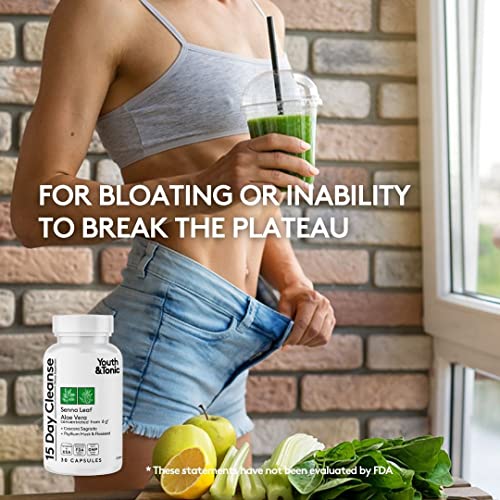 Youth & Tonic 15 Day Colon Cleanser & Detox for Waste Loss to Feel Lighter or Break The Plateau | Natural Cleanse Pills for Belly Bloat for Men & Women | 30 caps