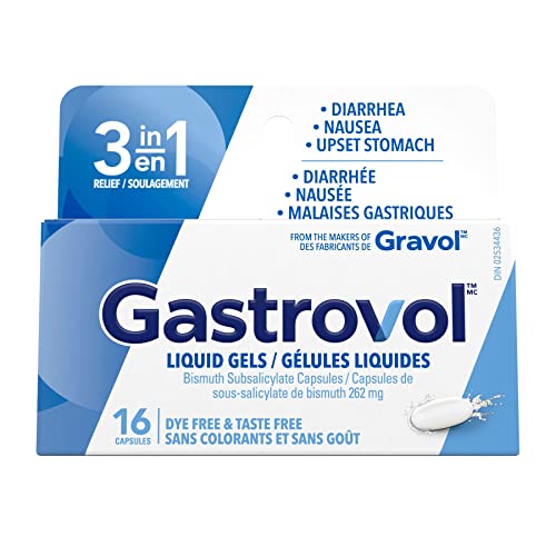 Gastrovol 3-in-1 Relief Liquid Gels, For Diarrhea, Nausea, and Upset Stomach, Dye Free & Taste Free, 16 Capsules