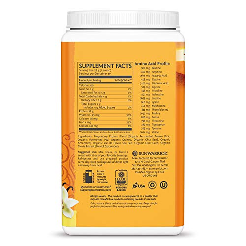 Sunwarrior Vegan Organic Protein Powder Plant-Based | 5 Superfood Quinoa Chia Seed Soy Free Dairy Free Gluten Free Synthetic Free Non-GMO | Vanilla 30 Servings | Classic Plus