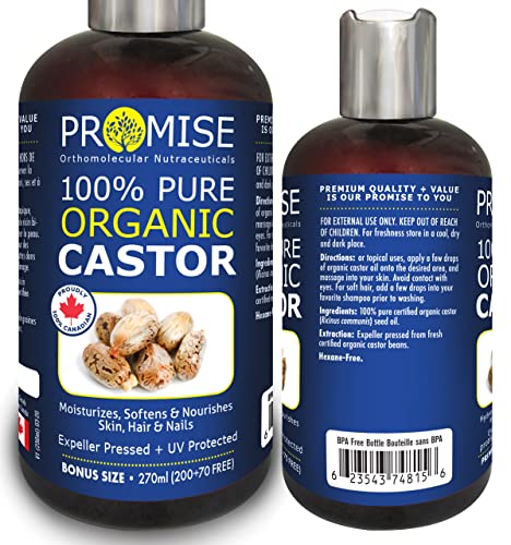 270ml (9oz) ORGANIC CASTOR Oil, 100% Pure Certified For Hair, Beard, Moisturizes, Softens, Nourishes Skin, Hair and Nails, Made in Canada, No Chemicals Cruelty Free (Castor Oil, 270ml)