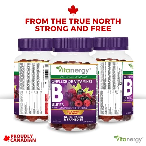 Vitanergy Vitamin B Complex Energy Level and Mood Booster, Folic Acid for Prenatal Support, Tasty Fruity Gummies with Vitamin B6, Vitamin B12, Biotin, Pantothenic Acid, Niacin, 60 Multivitamin Gummies Cherry, Grape & Raspberry Flavour, Easy to Chew, Take