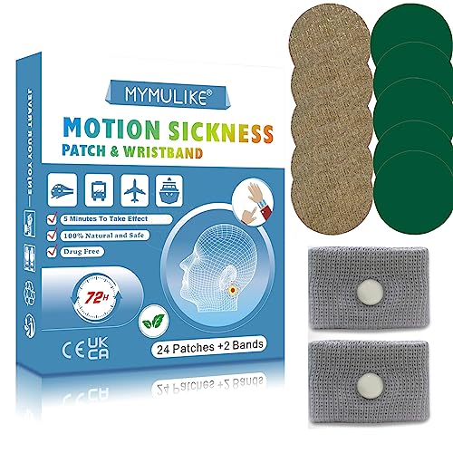 24 Counts MYMULIKE Motion Sickness Patch, Anti Nausea Patches With Motion Sickness Bracelet Relieve Vomiting, Nausea, Dizziness Resulted from Sickness of Cars, Ships, Airplanes