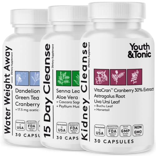 Youth & Tonic Diuretic Full Body Cleanse Detox Pills. Water Detoxing and Whole System Flush for Belly Bloating, Puffiness, Rebalance for Women and Men. 30 Days Supply