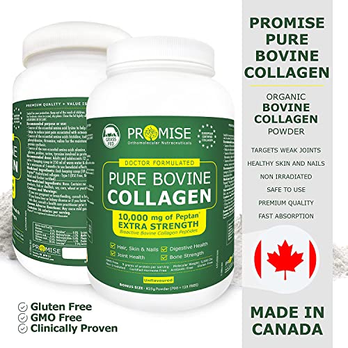 🇨🇦 825gm (29oz) Hydrolyzed Bovine Collagen Peptides Protein featuring 10,000 mg of Peptan, Better Absorption, Grass Fed, Extra Strength. For Skin, Nails, Bones and Joints, Non GMO, Unflavoured