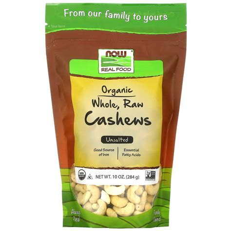 NOW REAL FOOD ORGANIC WHOLE, RAW CASHEWS, UNSALTED, 10 OZ (284 g)
