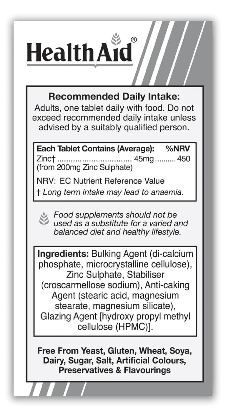 HEALTHAID ZINC SULPHATE 200MG