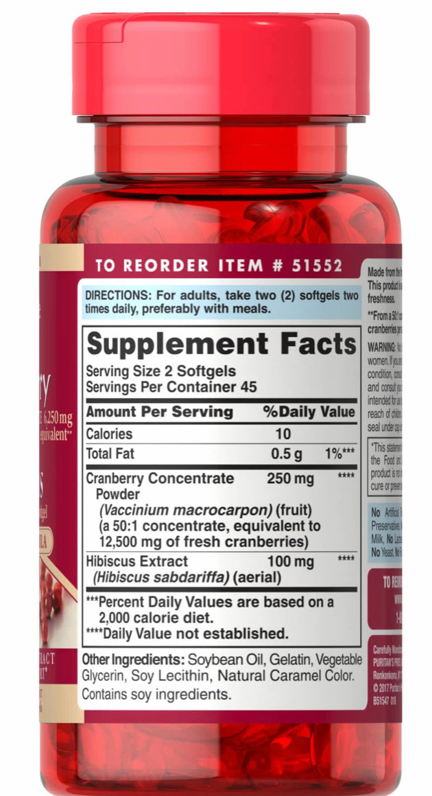 PURITAN’S PRIDE CRANBERRY FRUIT CONCENTRATE PLUS HIBISCUS EXTRACT 6250MG / 50MG