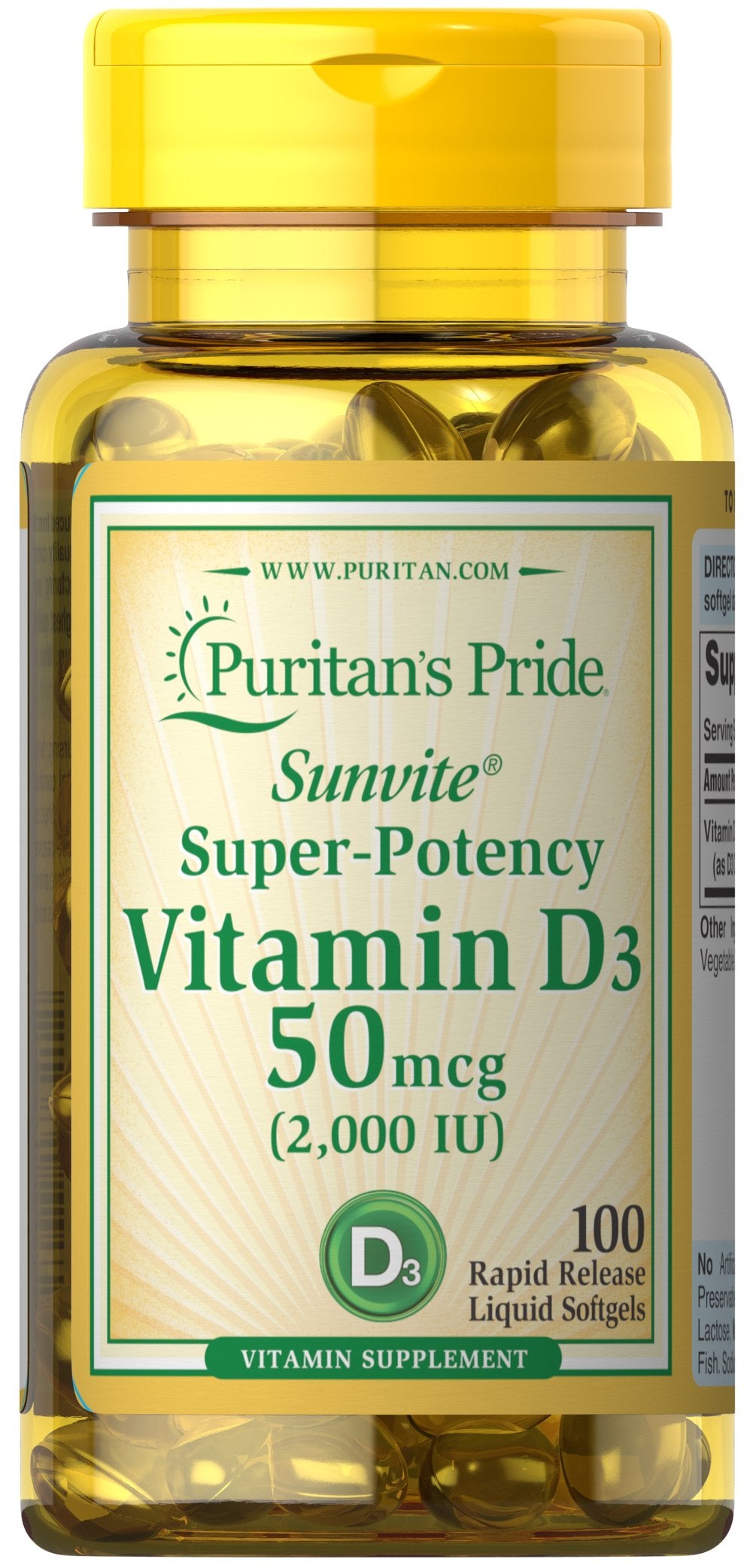 PURITAN’S PRIDE VITAMIN D3 50MCG (2,000 IU), 100 SOFTGELS