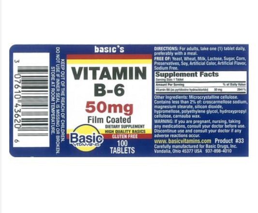 BASIC’S VITAMIN B-6 50MG, 100 TABLETS